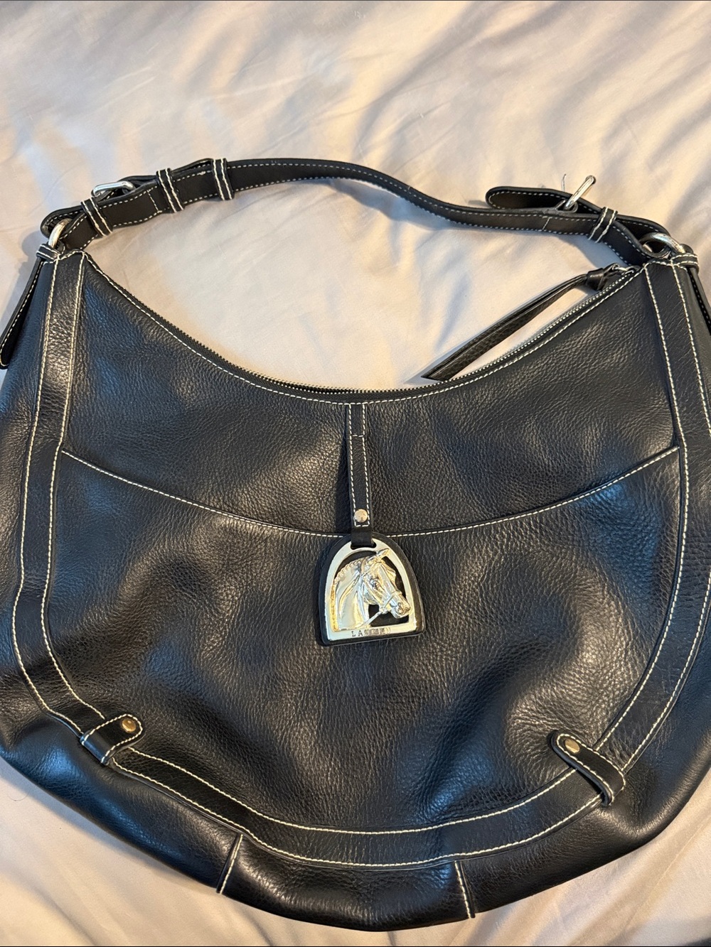 Ralph Lauren Black Leather Hobo Bag with Horse Emblem